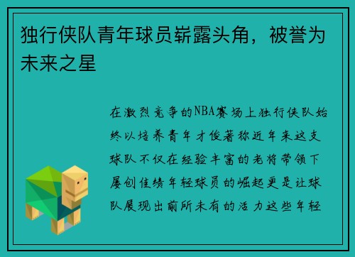 独行侠队青年球员崭露头角，被誉为未来之星